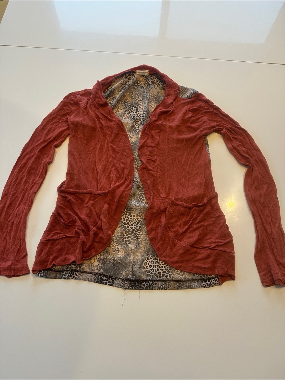 Zenana Outfitters Rust Red Open-Front Cardigan with Leopard Lining